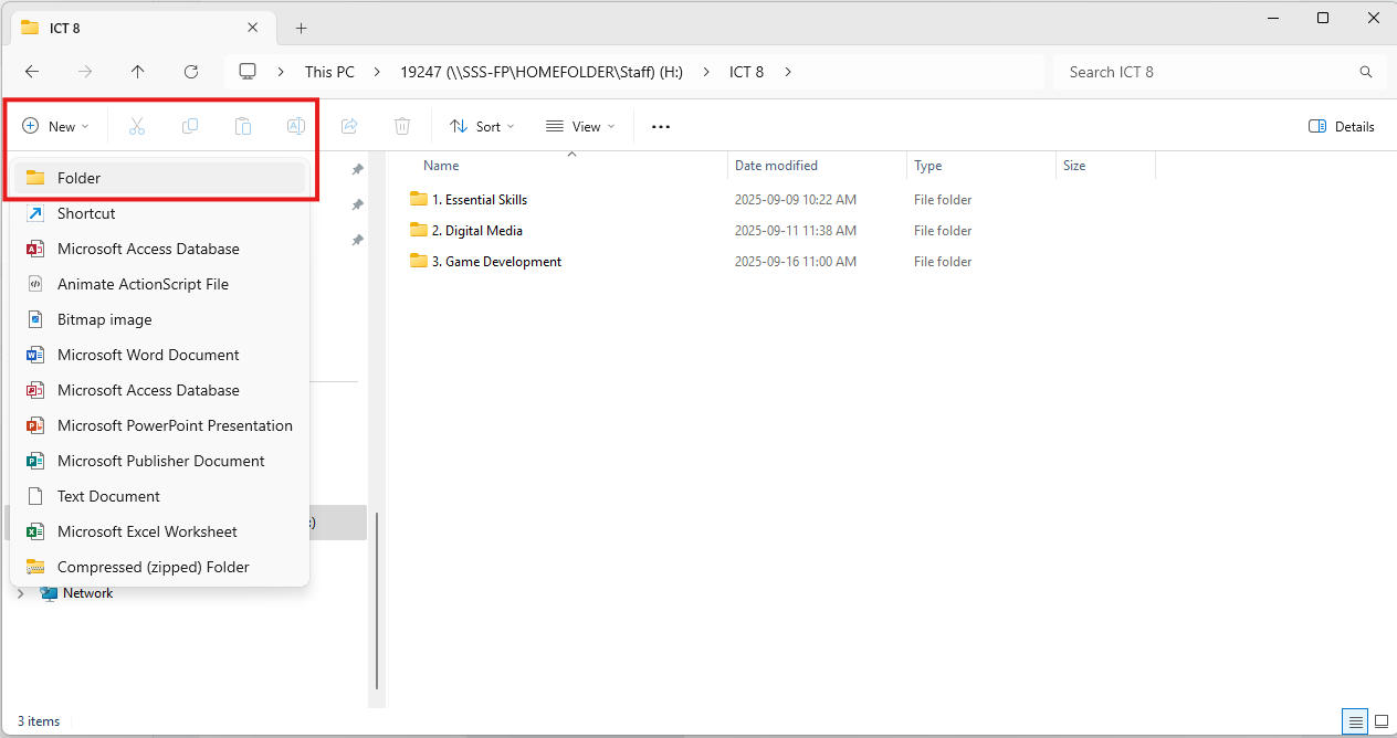 H: drive showing the new 3_game_development folder (placeholder)