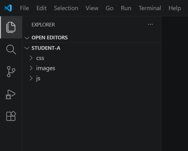 VS Code Explorer sidebar showing a correctly opened student folder named STUDENT-A, with css, images, and js subfolders visible directly underneath it — no extra wrapper folder in between.